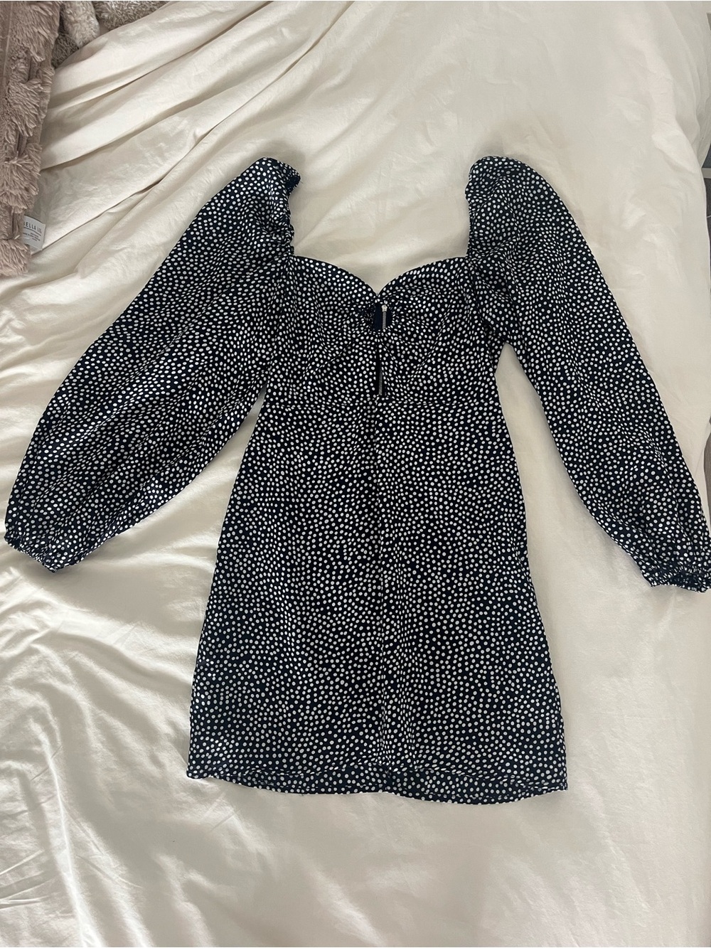 essue Navy Blue Mini Dress with White Dot Print and Puff Sleeves
